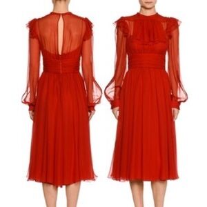 NO. 21 HIGH-NECK LONG-SLEEVE RUFFLED MIDI COCKTAIL DRESS